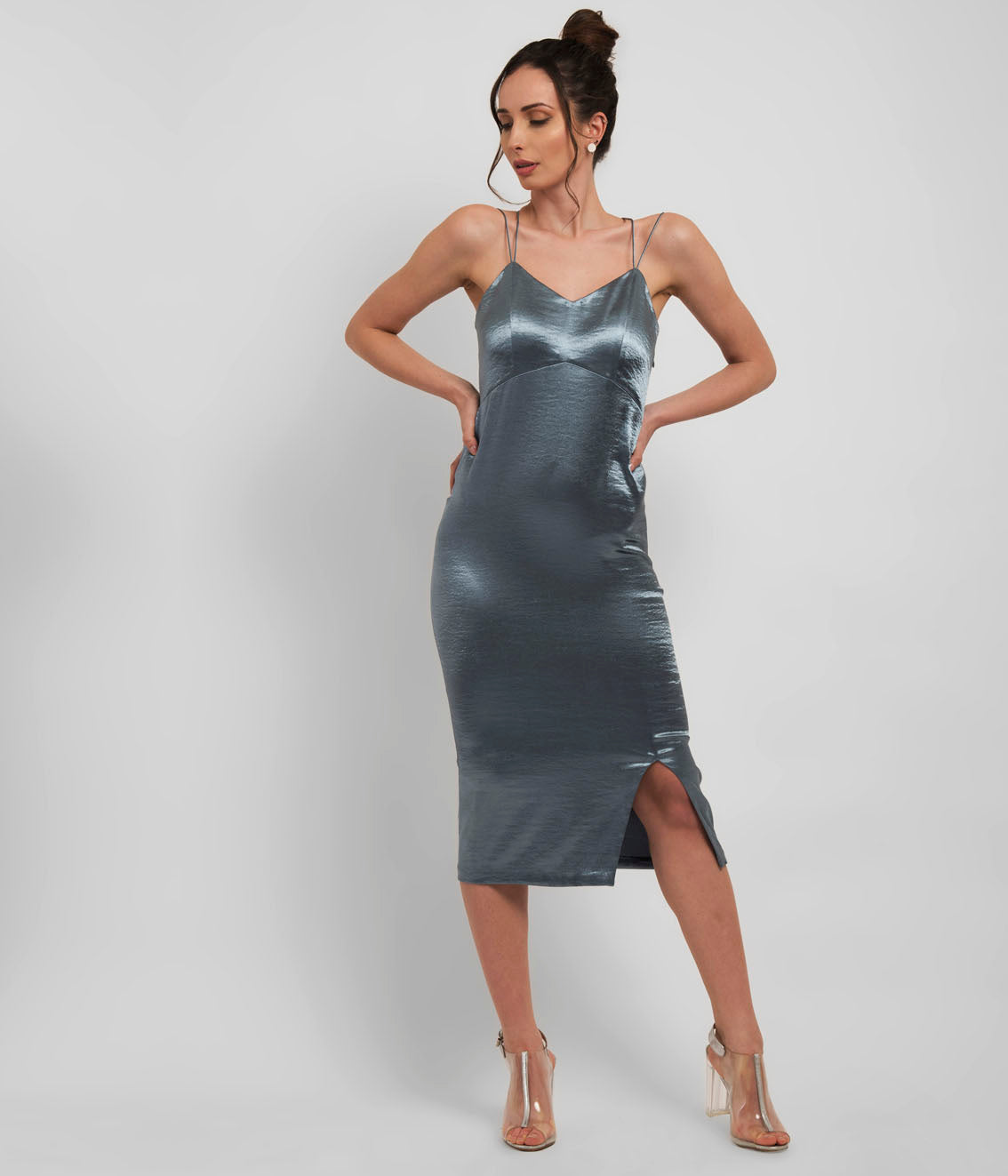 Slate Grey Spaghetti Strap Dress with Front Slit