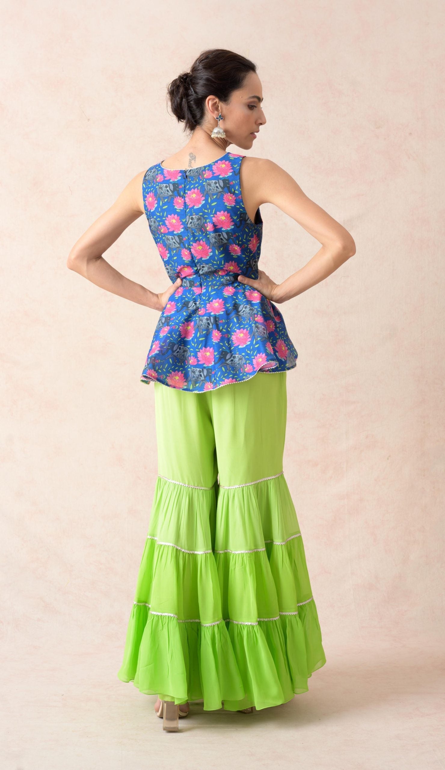 Elephant motifs with floral print peblum kurti with Ombre green tiered gharara, dupatta