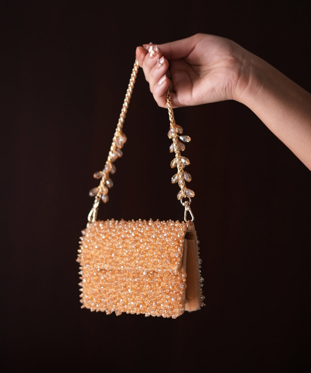 Kiyara Gold Suede Crystal Embellished Mini Bag