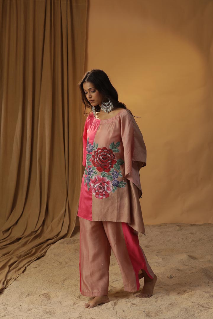 Image of PINK FLORAL BLOCK PRINT KAFTAN  CO-ORD SET