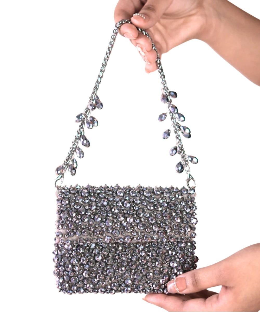 Kiyara Grey Suede Crystal Embellished Mini Bag