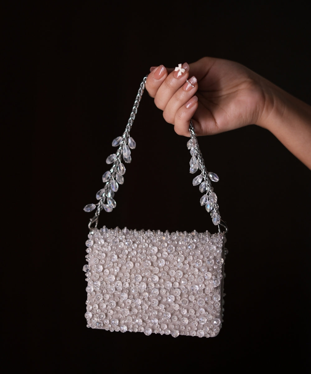 Kiyara Silver Suede Crystal Embellished Mini Bag