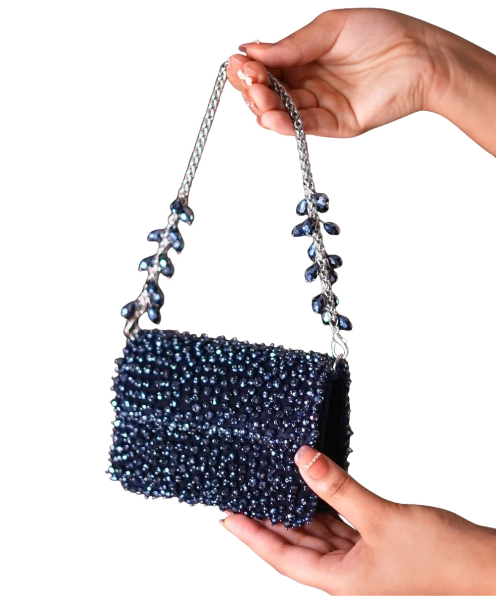 Kiyara Navy Blue Suede Crystal Embellished Mini Bag
