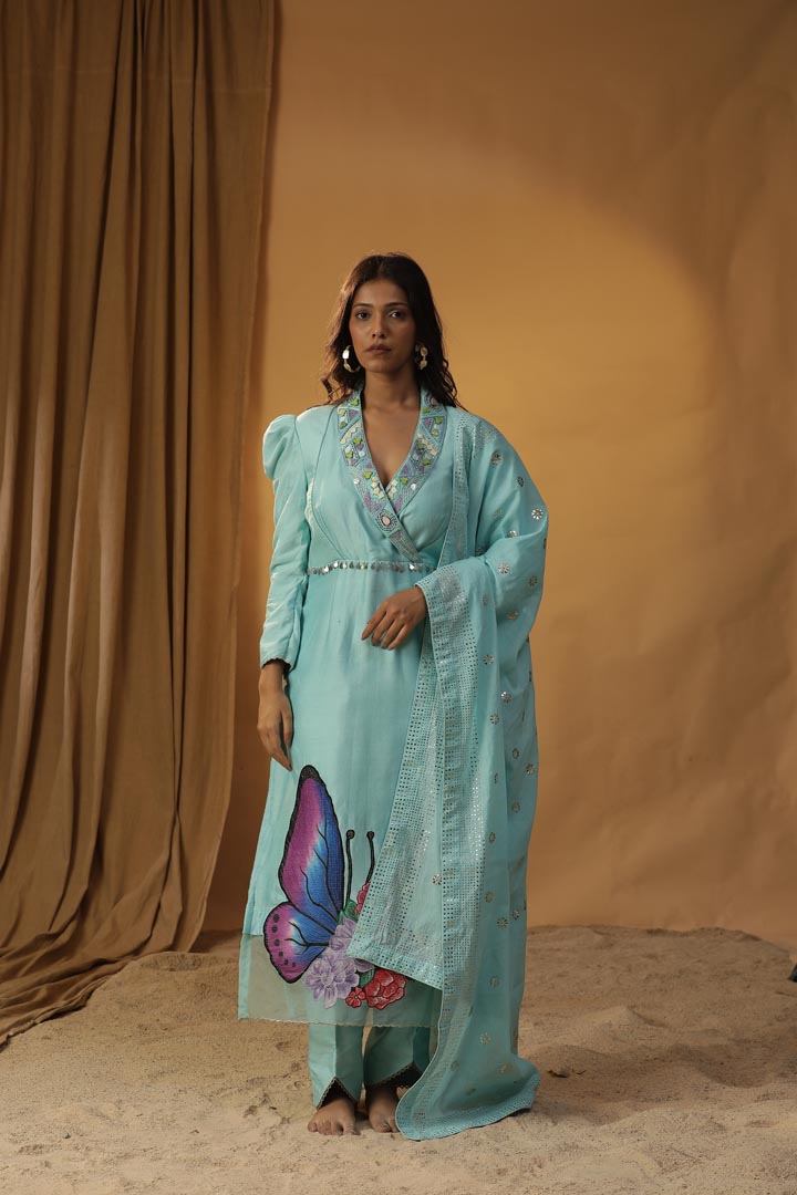 Image of SKY BLUE BUTTERFLY HANDPAINTED SUIT SET