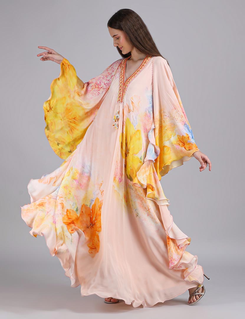 Peach Floral Faux Printed Kaftan Dress