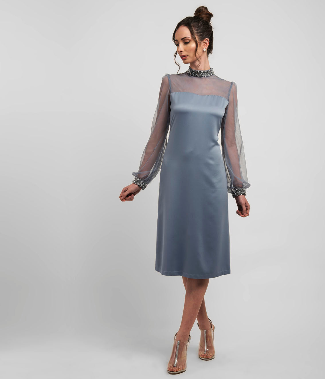 Dusty Blue Shift Dress with Sheer Bishop Sleeve