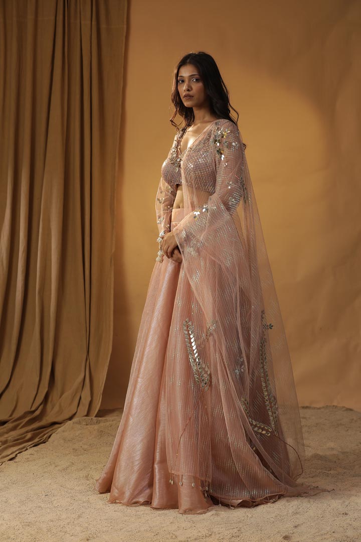 Image of PEACH ORGANZA LEHENGA SET