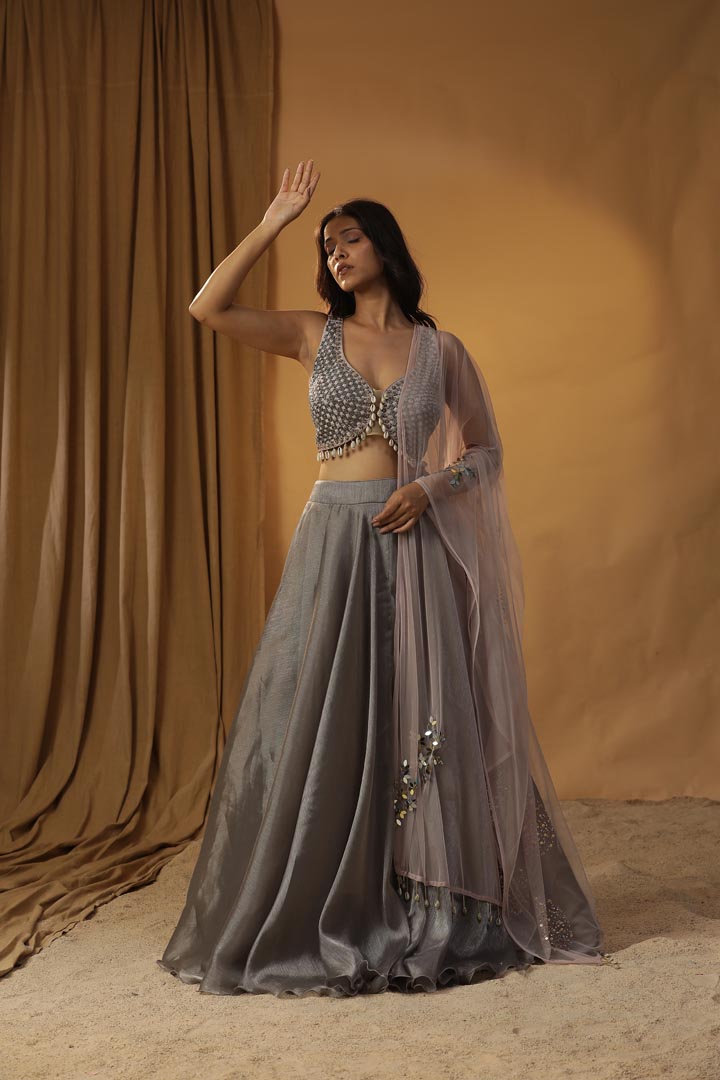 Image of GREY ORGANZA LEHENGA SET