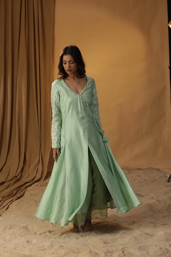 Image of PISTA GREEN ANGRAKHA SUIT SET