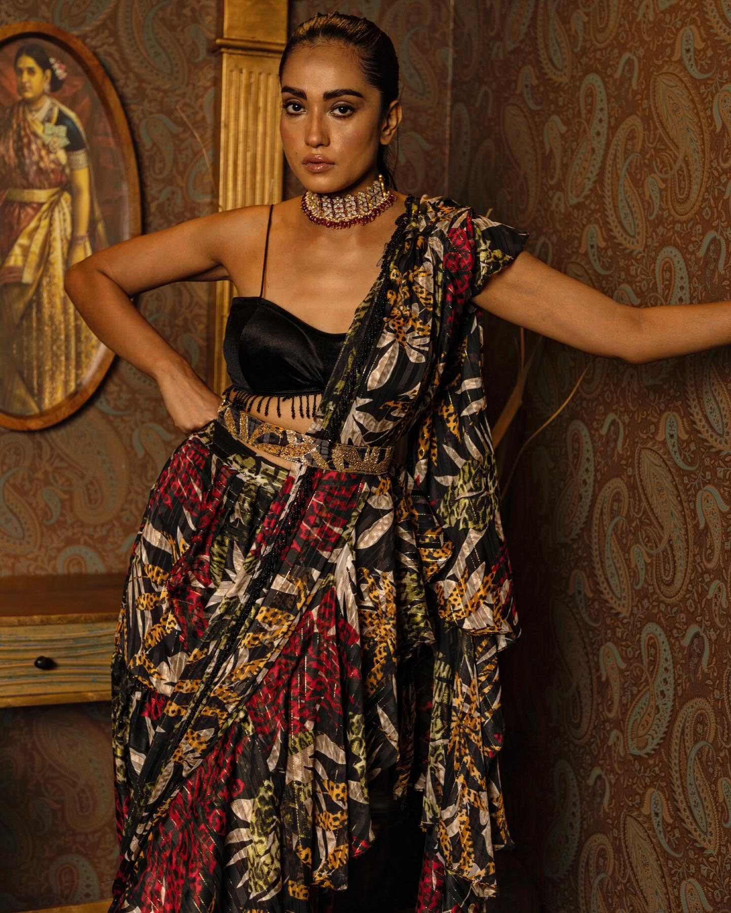 Printed ruffle saree with velvet blouse