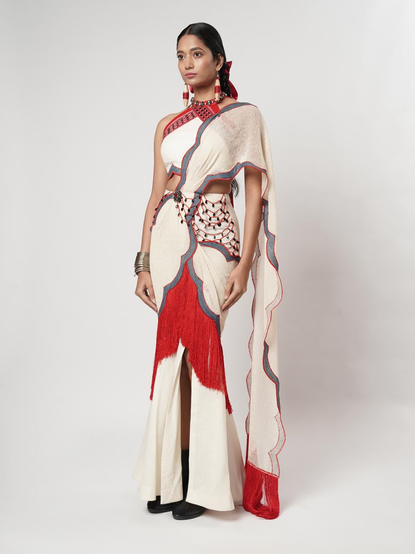 FRINGE SCALLOP DRAPED SAREE
