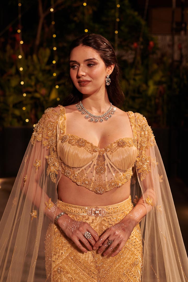 Champagne Shower Lehenga Set. 3 (Lehenga + Blouse + Cape)