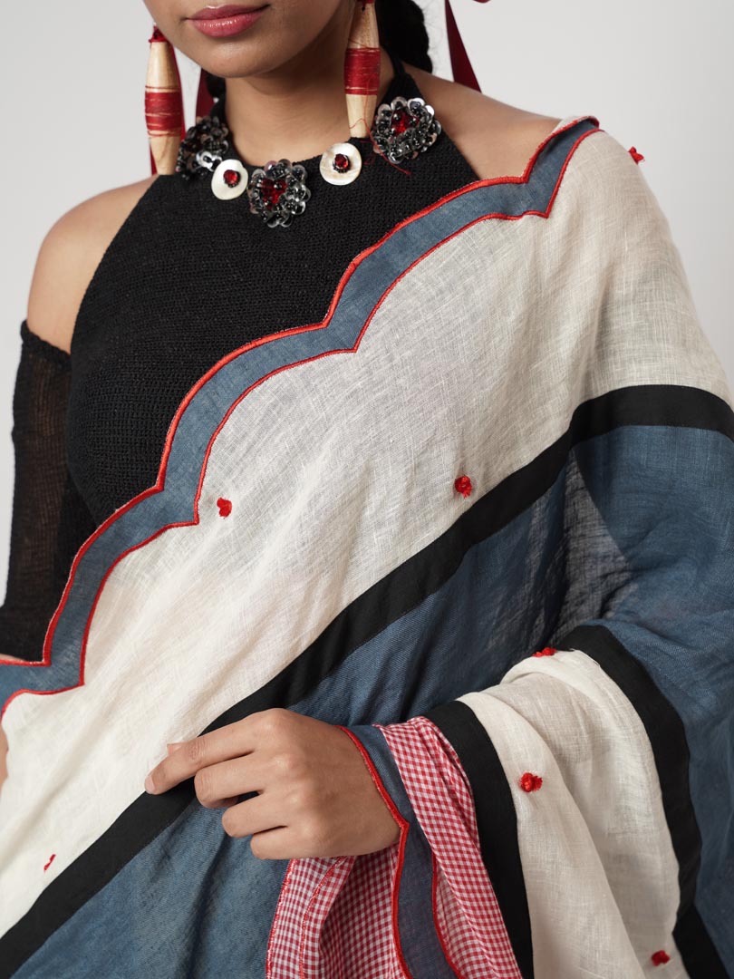 GAMCHA COLOUR BLOCK SCALLOP SAREE SET