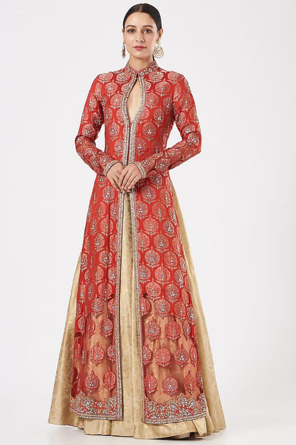 Red and Beige Brocade Embroidered Jacket Lehenga - Auraya Fashion -  - #tag1# - #tag2# - #tag3# - #tag3#