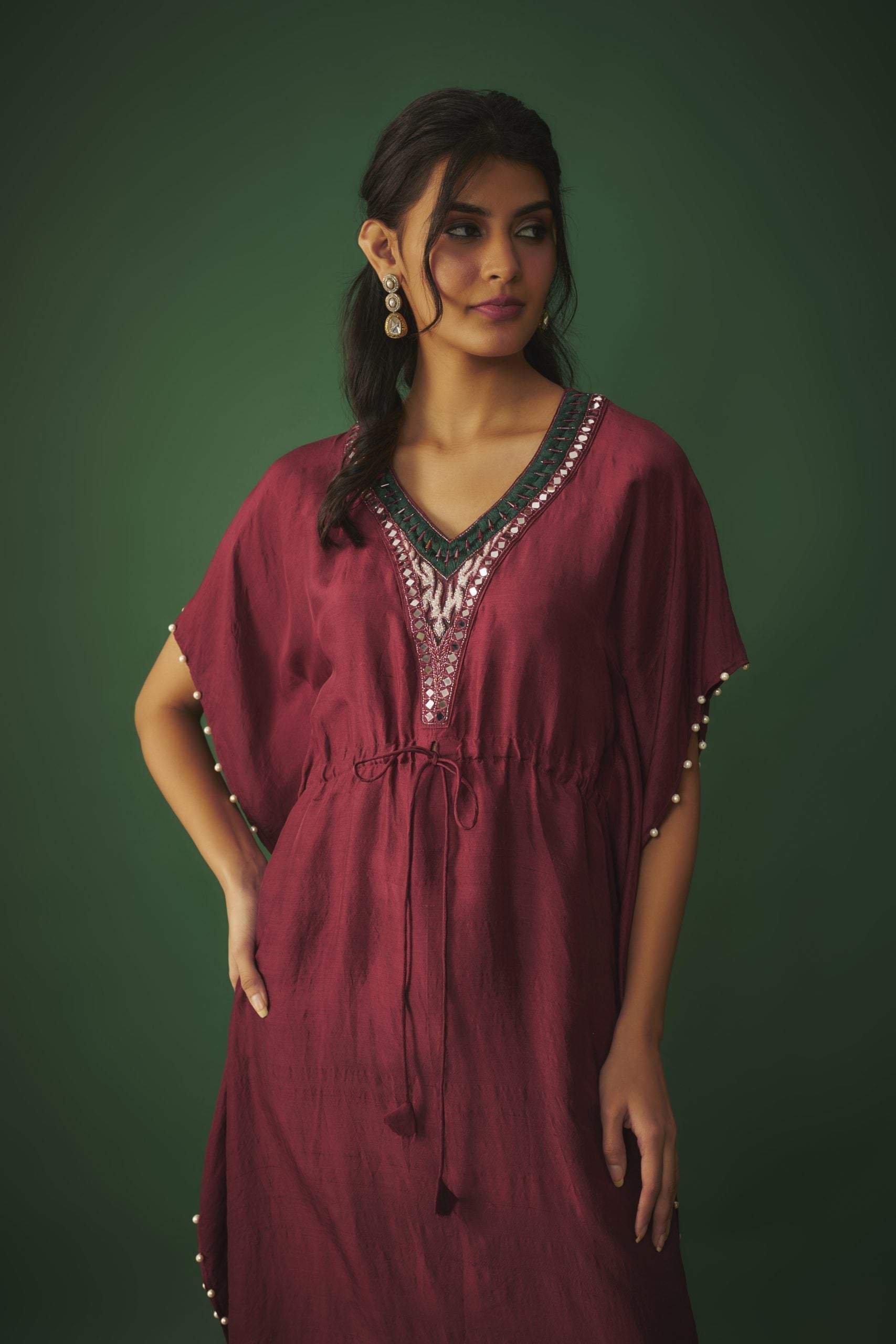 Image of DEEP RED KAFTAN WITH PEARLS