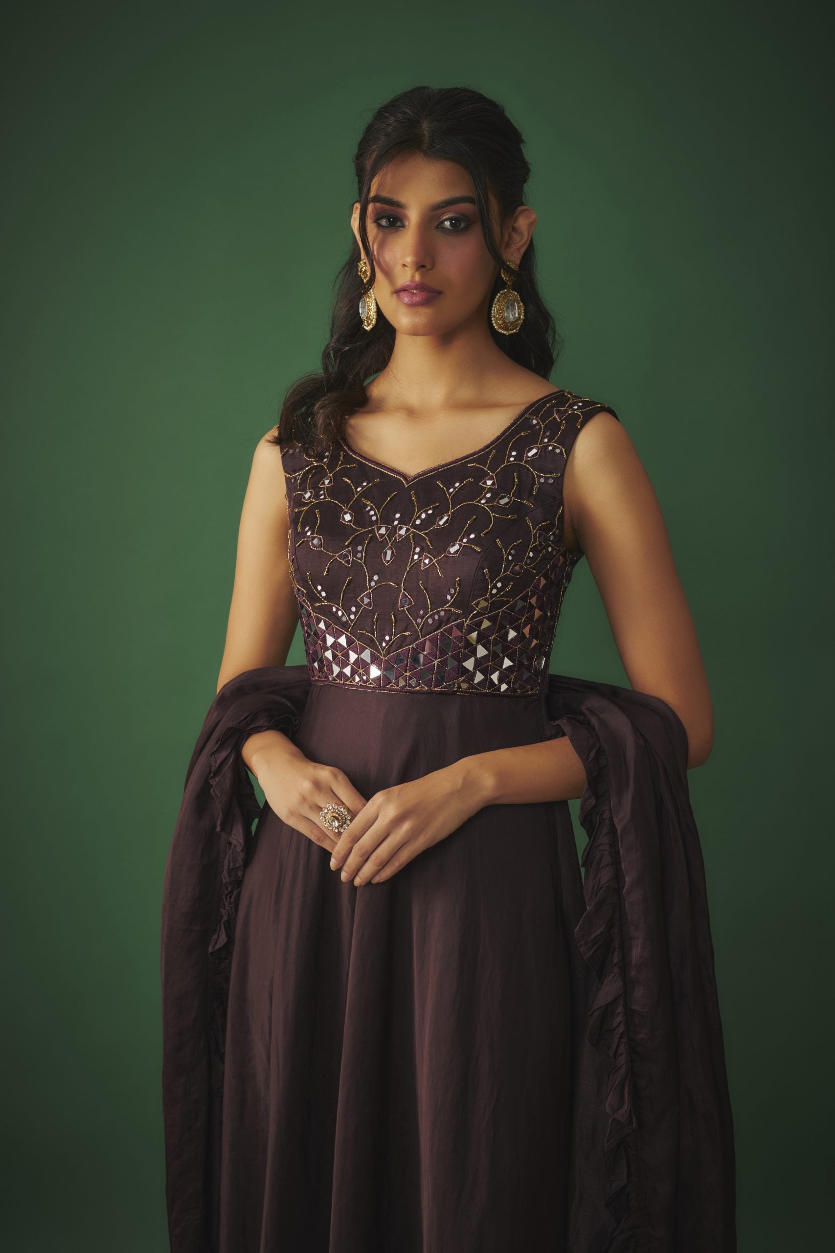 Image of WINE MIRROR EMBROIDERED ANARKALI WITH RUFFLE DUPATTA