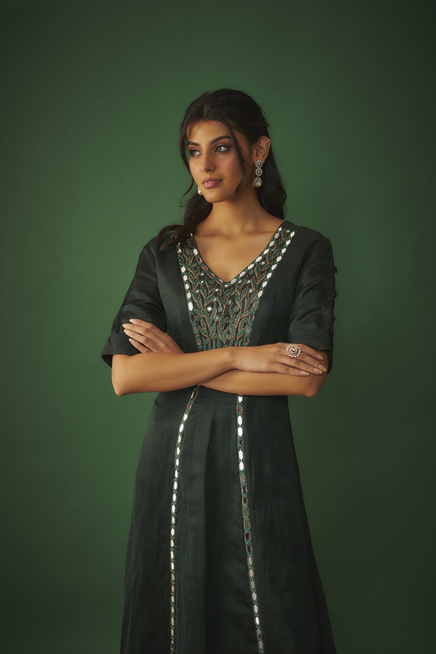 Image of EMERALD GREEN MIRROR WORK EMBROIDERED KURTA PANT SET