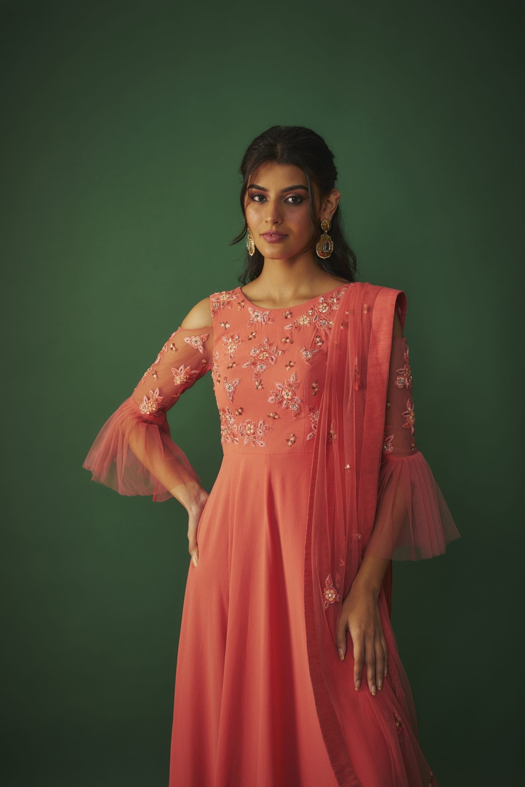 Image of CORAL PINK EMBROIDERED ANARKALI AND DUPATTA SET