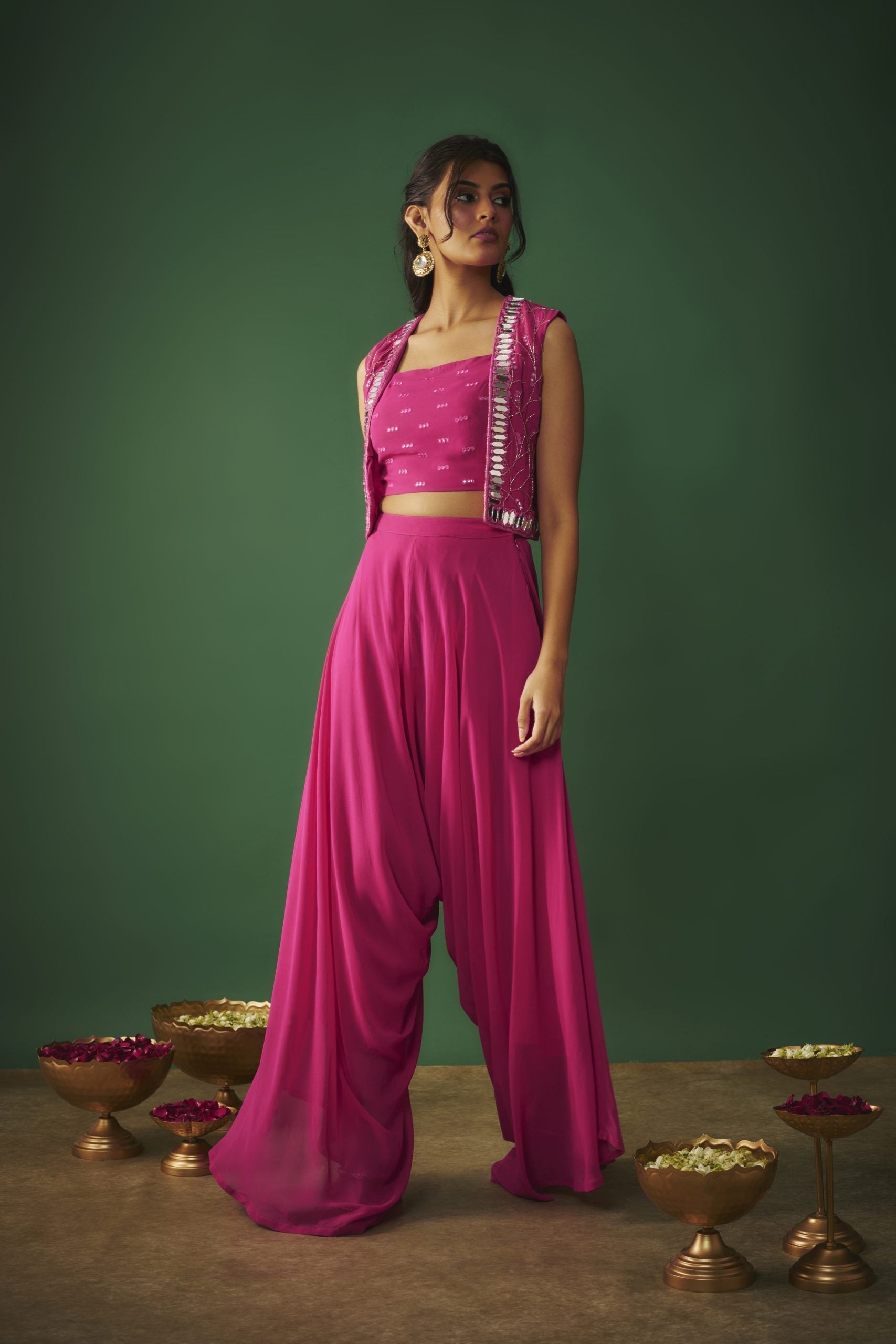 Image of MAGENTA PINK MIRROR EMBROIDERED CHOLI, DHOTI AND CROP JACKET SET