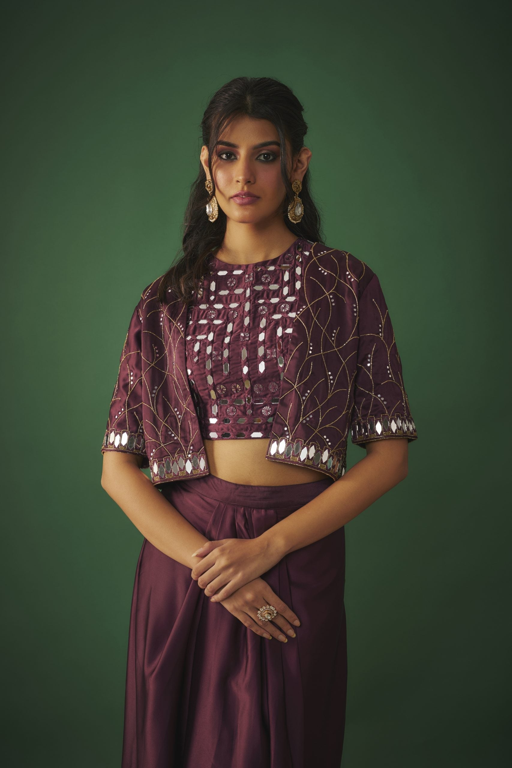 Image of WINE MIRROR EMBROIDERED CHOLI, DHOTI SKIRT AND CROP JACKET SET