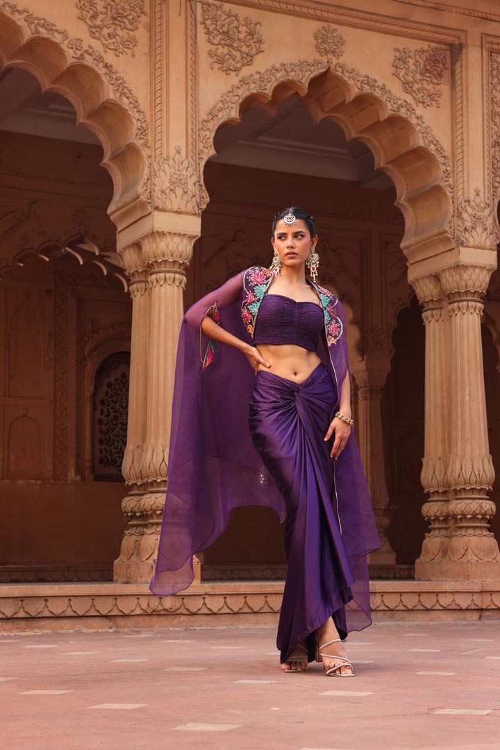 Purple Chakra dhoti cape set