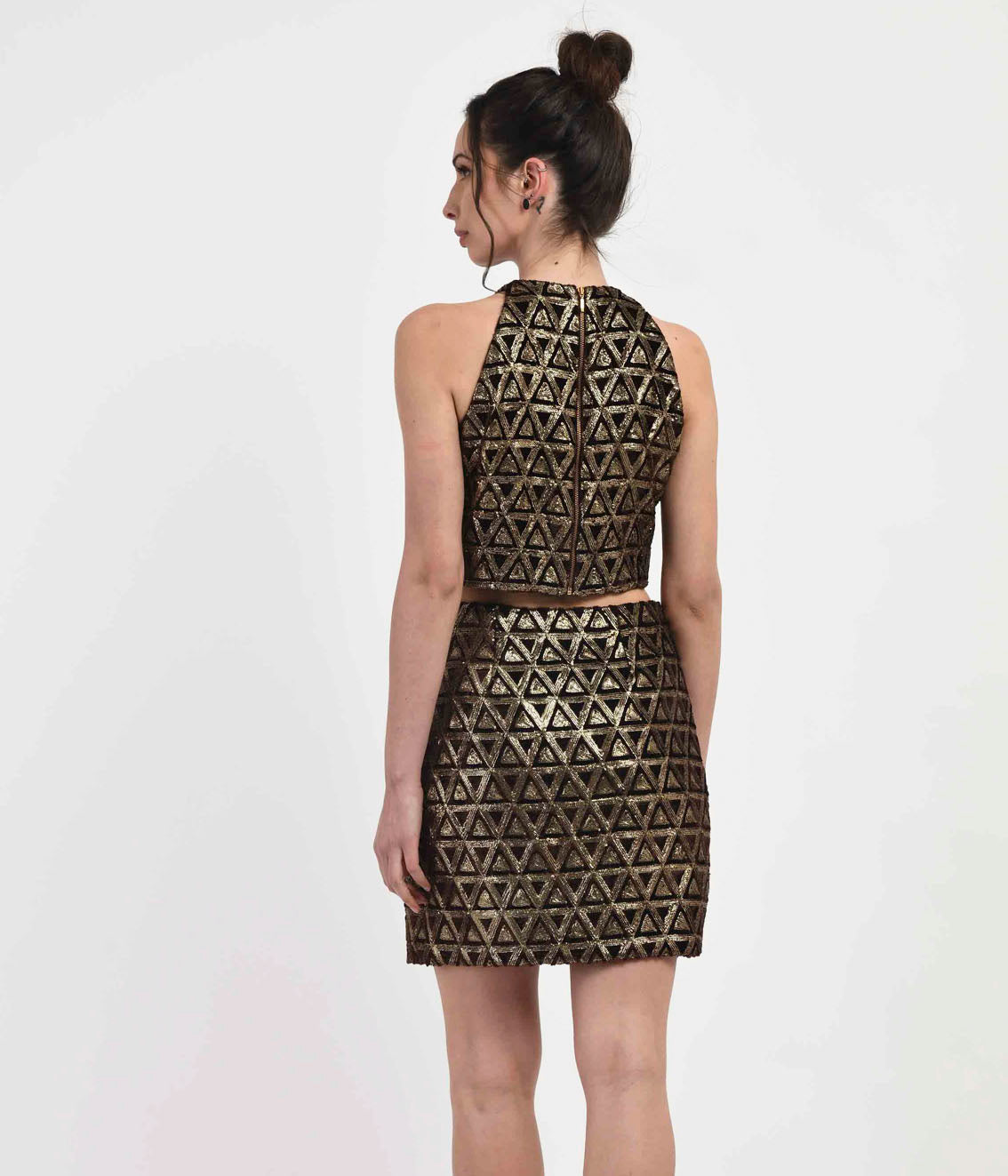 Brown & Gold Geo Patterned Embellished Crop top with Skirt