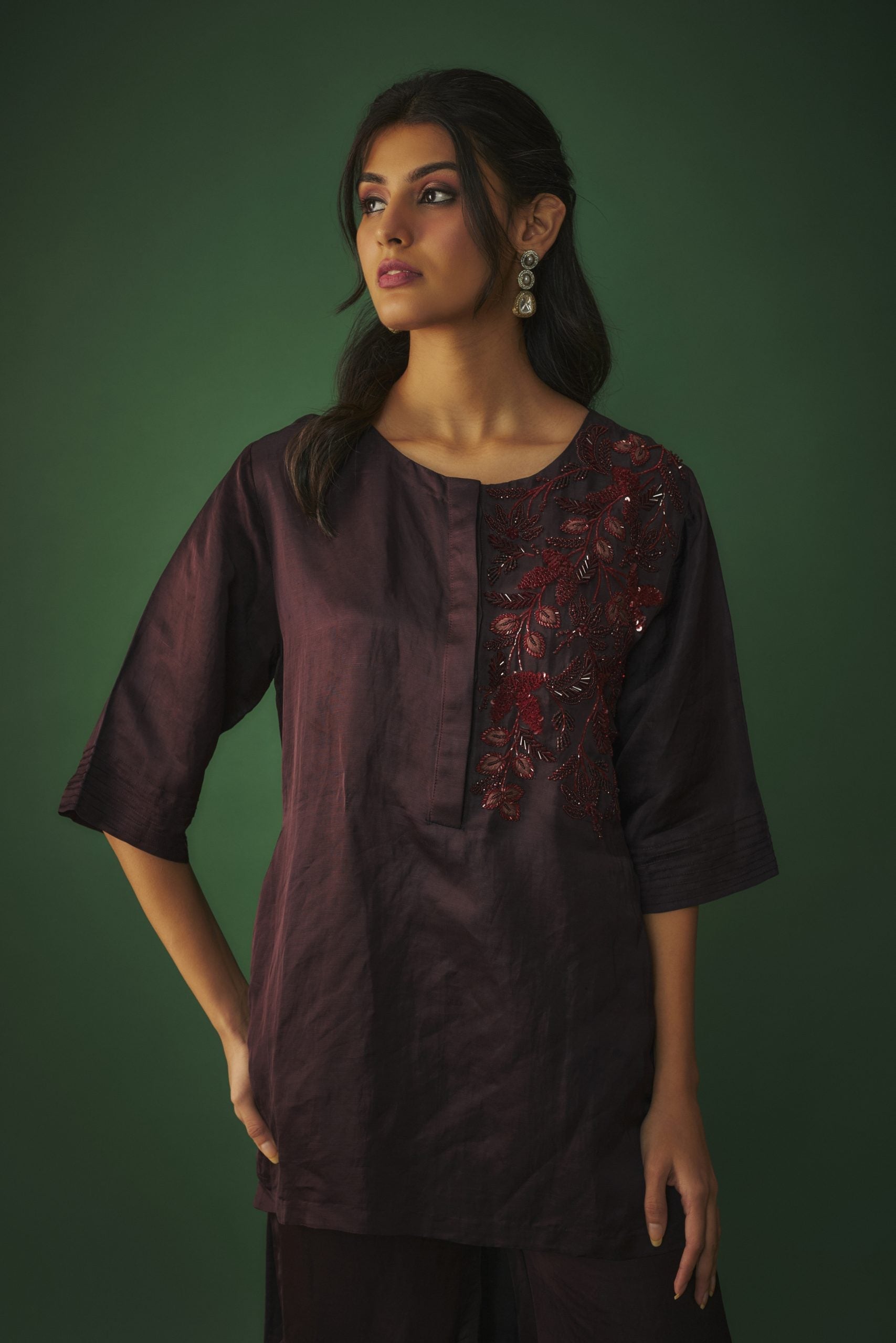 Image of WINE EMBROIDERED HI LOW KURTA AND SHARARA SET