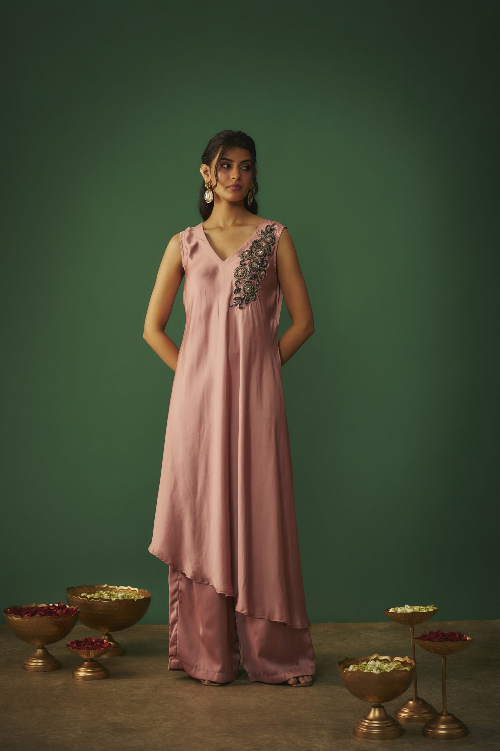 Image of ROSE PINK EMBROIDERED ASYMMTRICAL KURTA AND PANTS SET