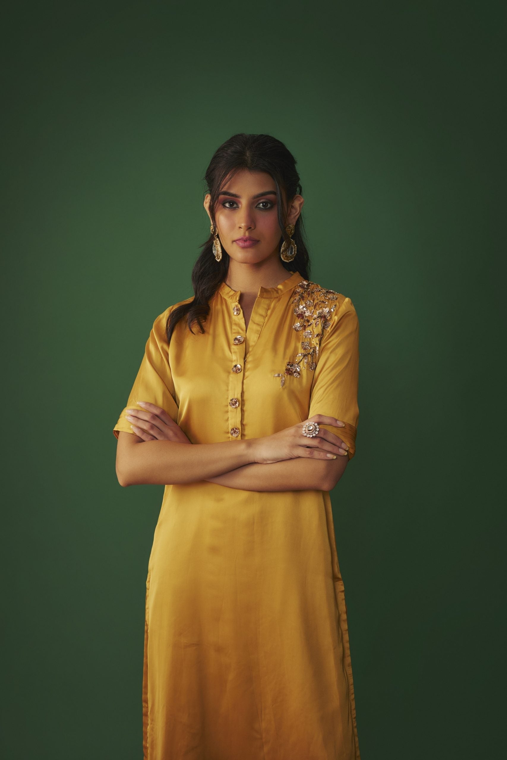 Image of MUSTARD YELLOW MUKAISH EMBRODIERED KURTA AND PANTS SET