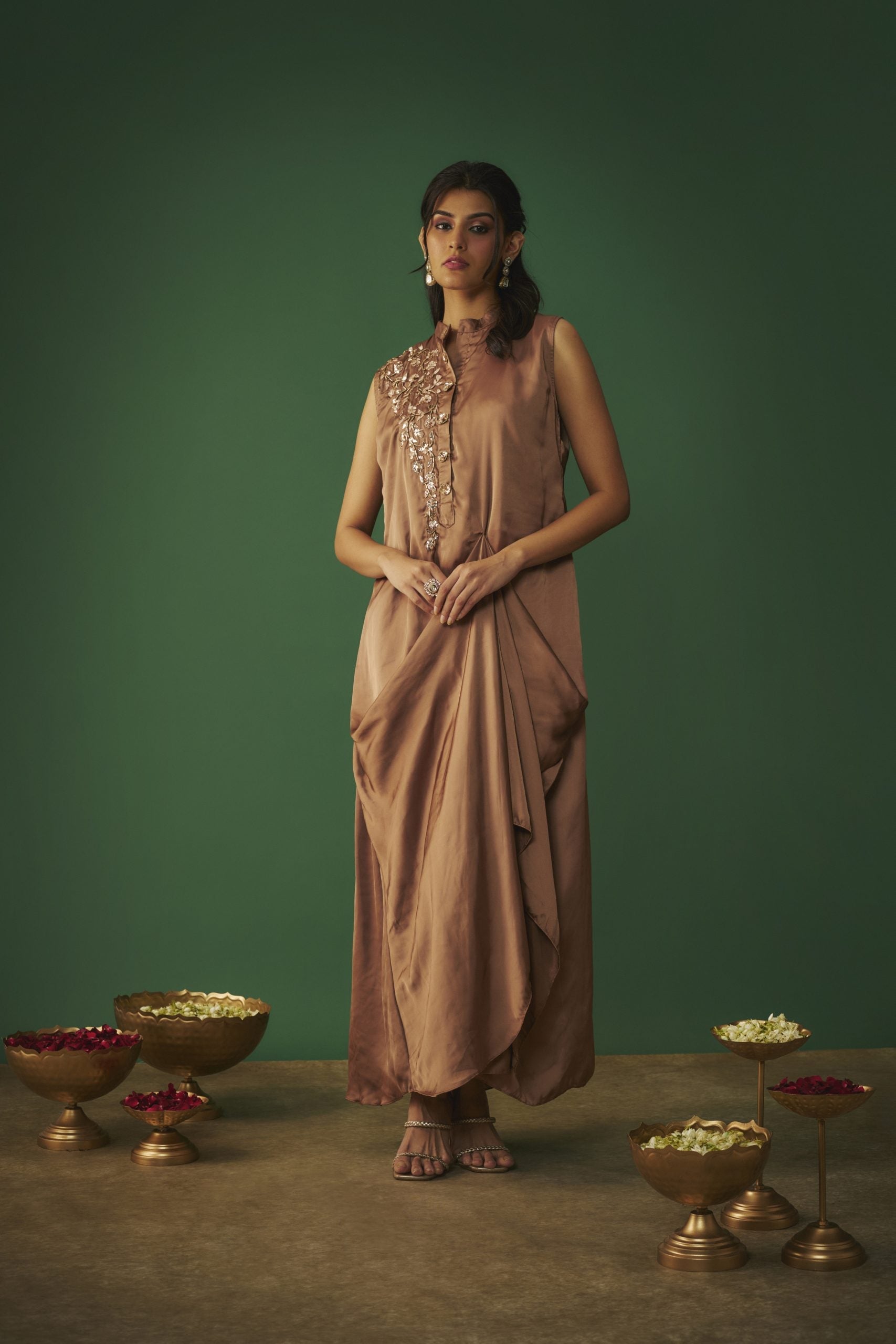 Image of COFFEE BROWN MUKAISH EMBROIDERED DRAPED GOWN