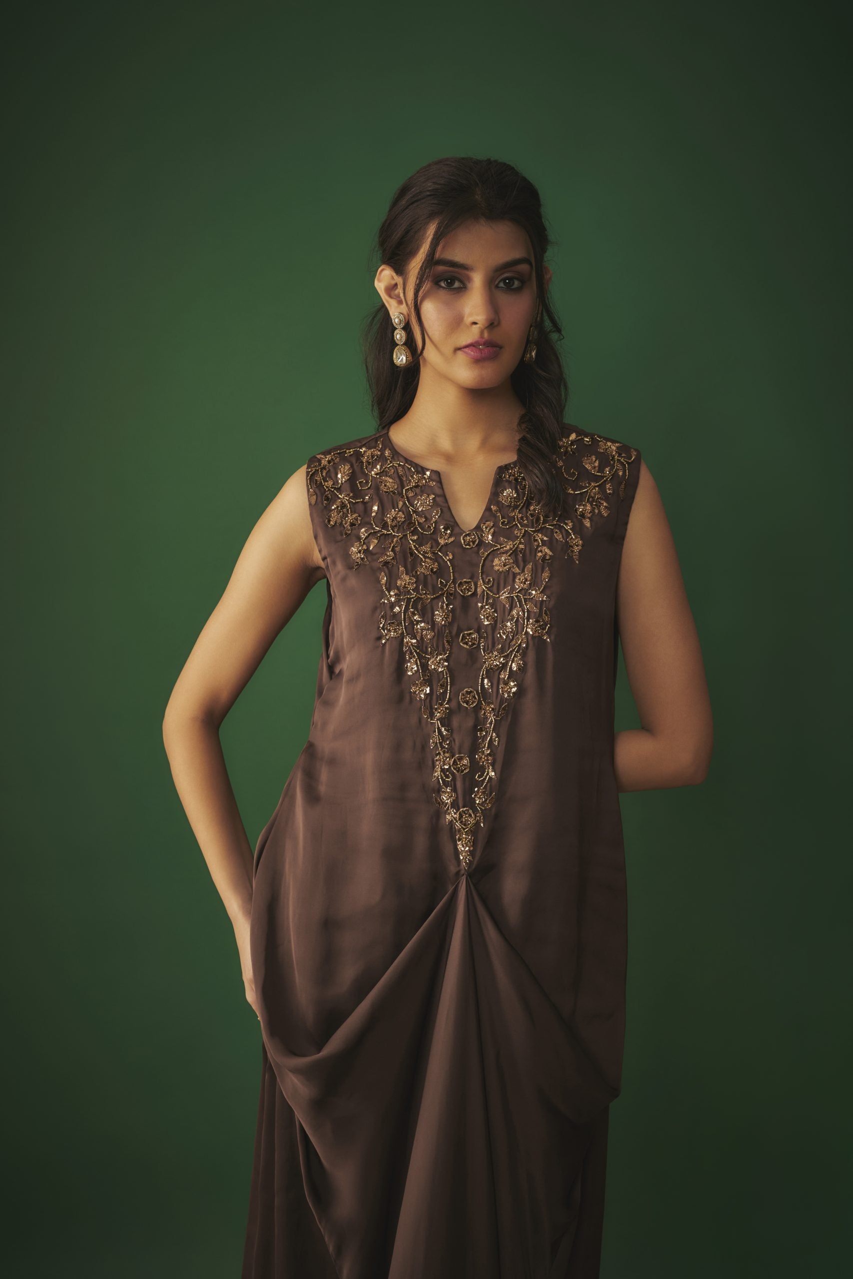 Image of CHOCOLATE BROWN MUKAISH EMBROIDERED DRAPED GOWN