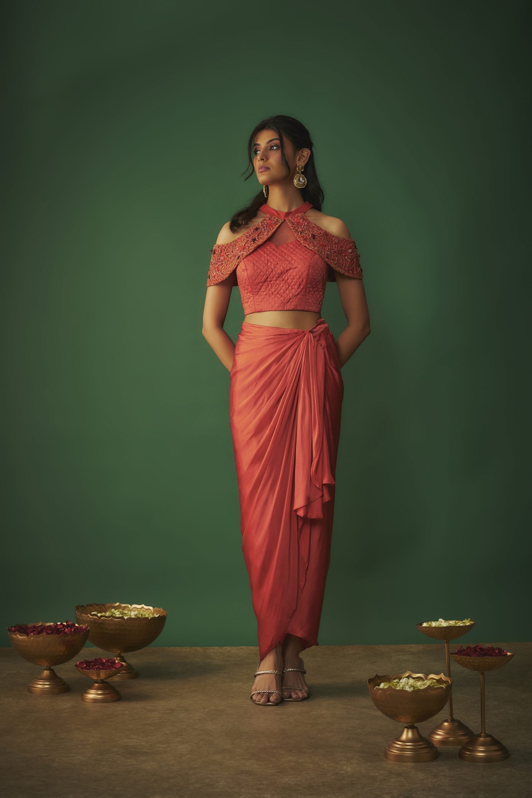 Image of ORANGE EMBROIDERED TOP AND DRAPED SKIRT SET