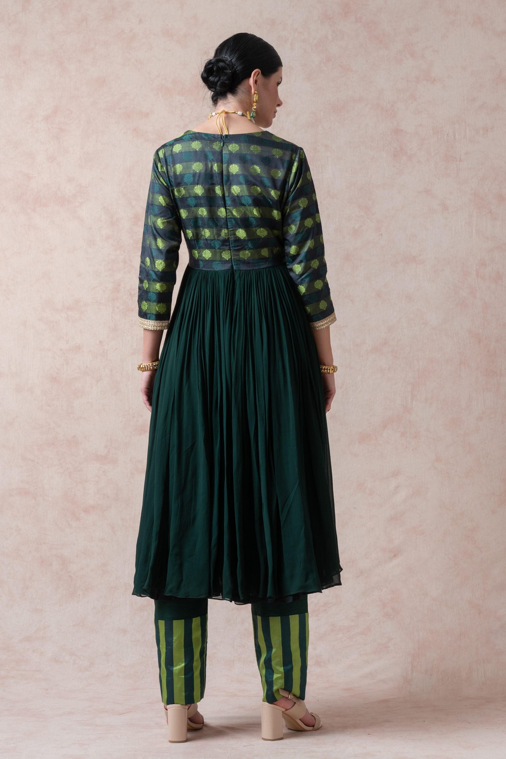 Bottle Green Tanchoi Silk Anarkali with palazzo