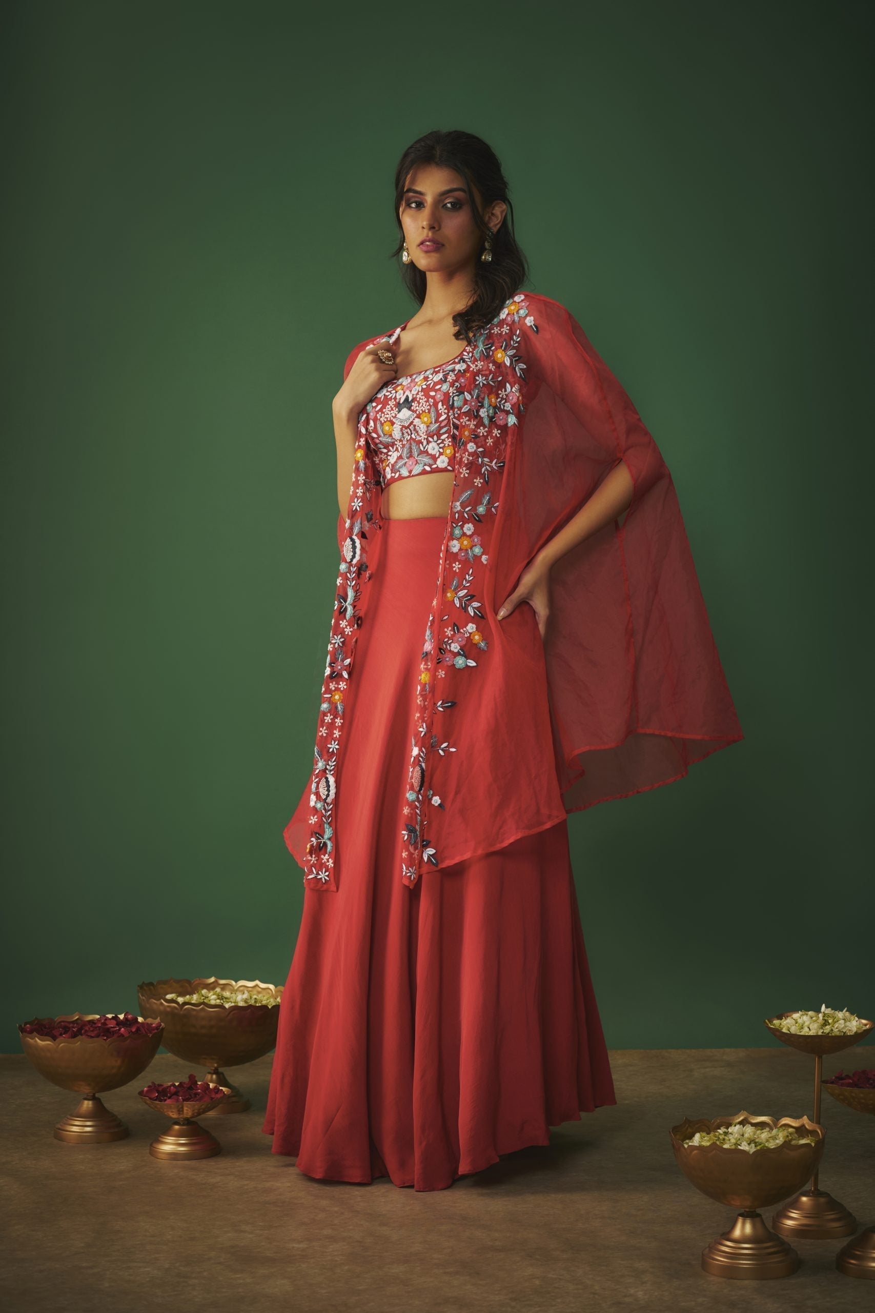 Image of RED THREADWORK EMBROIDERED CHOLI, CAPE AND LEHENGA SET