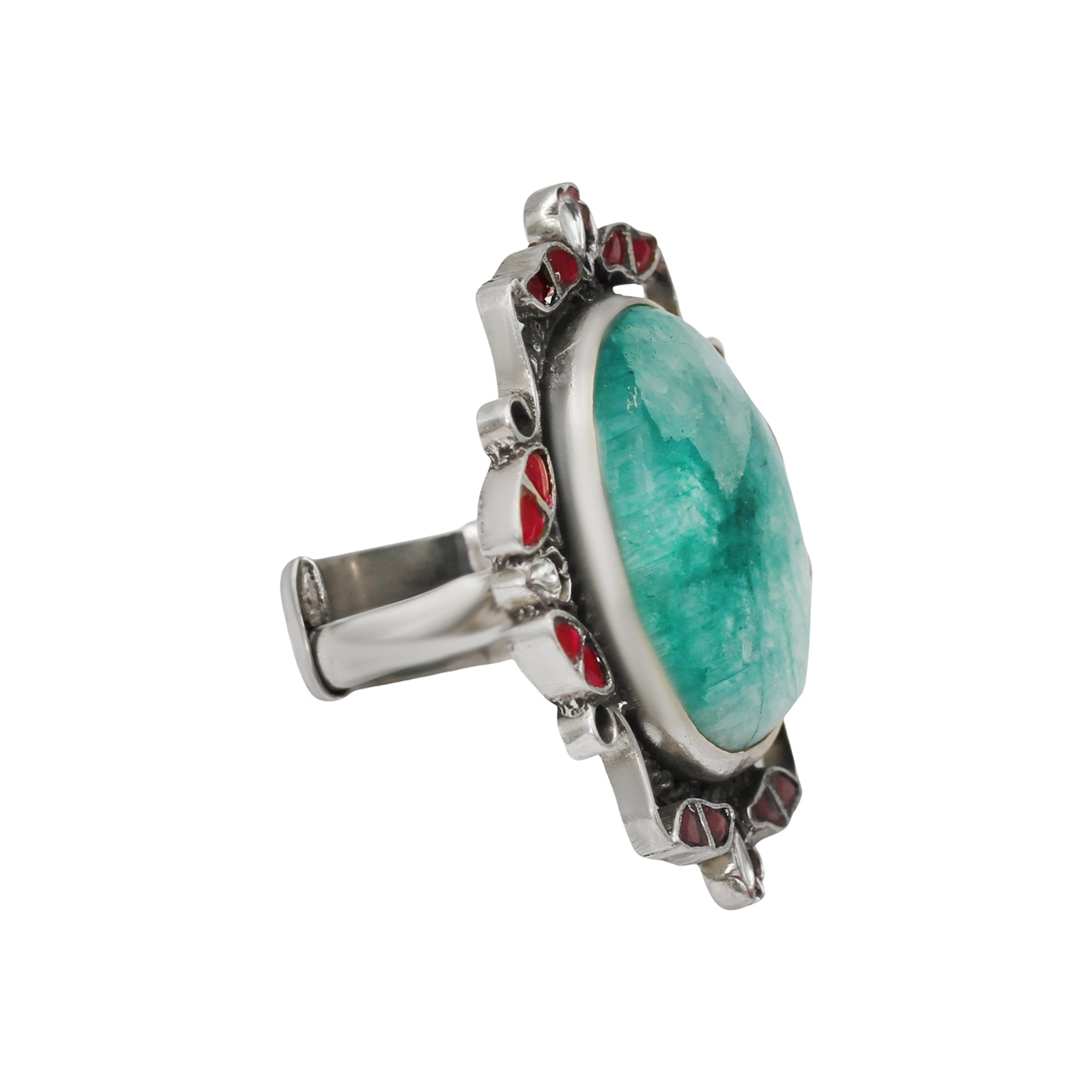 Sangeeta Boochra Statement Silver Ring with Green Stone & Red Detailing