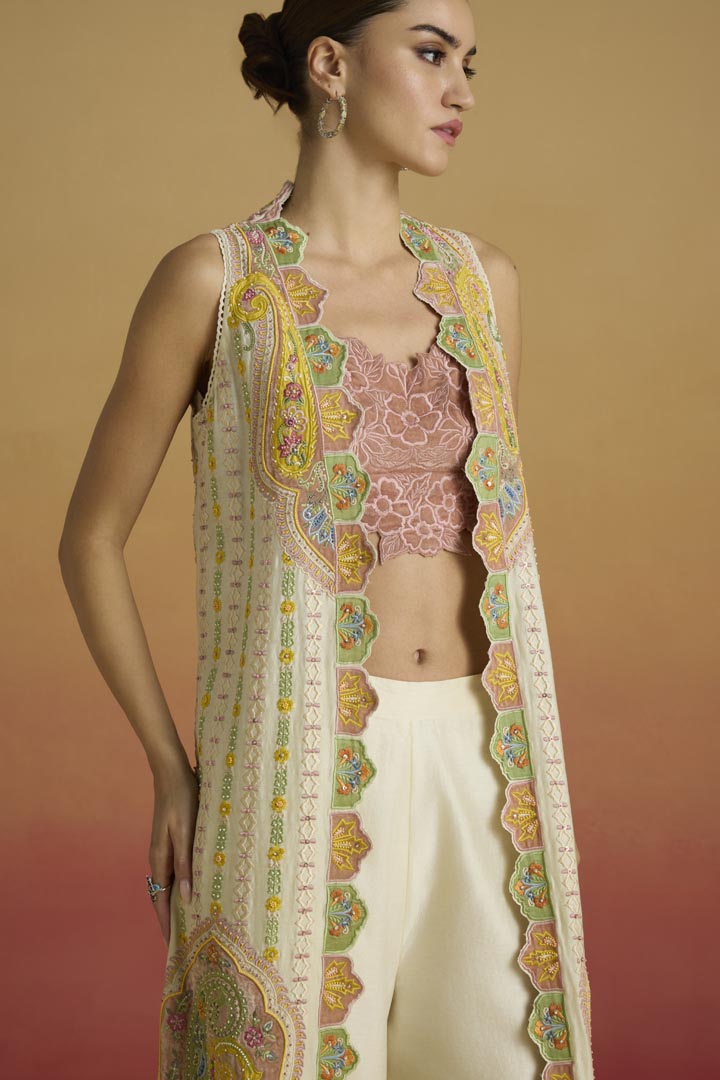 Old Rose Silk Velvet Tonal Embroidered Bustier | Luxury Evening Wear