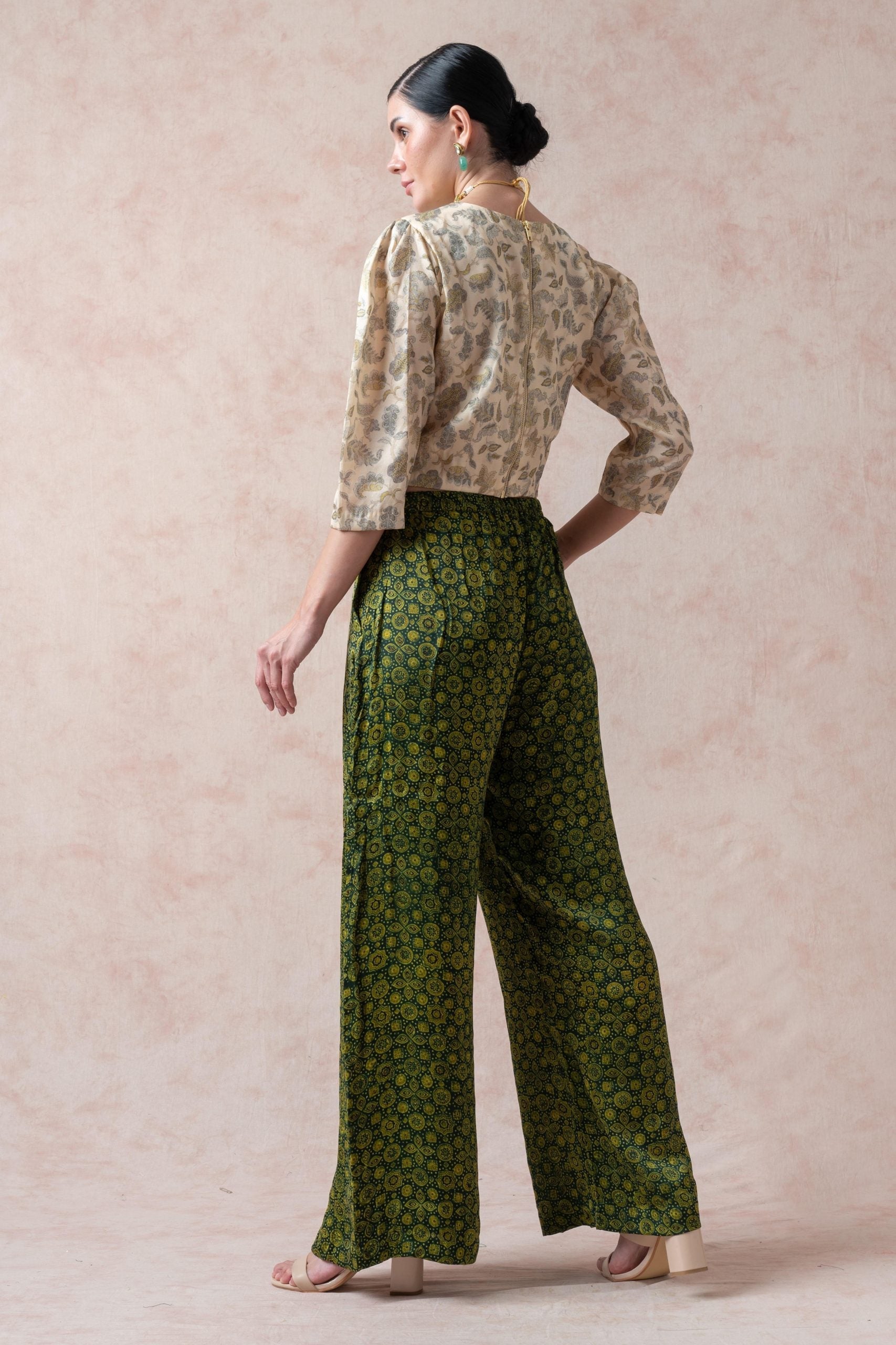 Green beige Crop top with forest green and mustard Ajrak print pleated pants