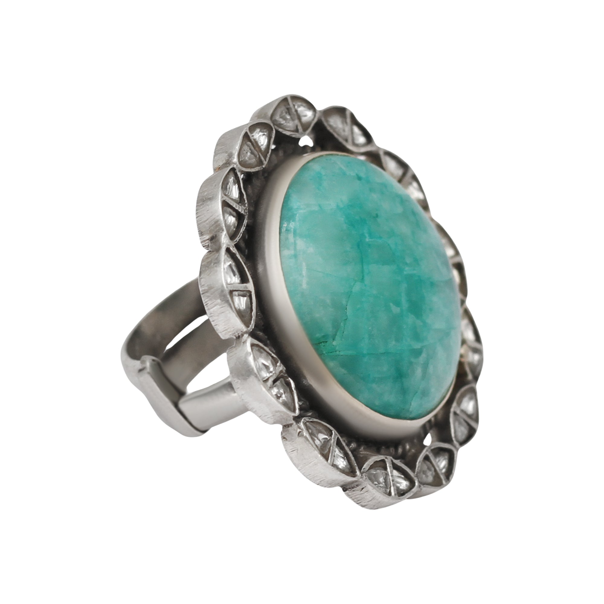 Sangeeta Boochra Handcrafted Silver Round Green Stone Ring
