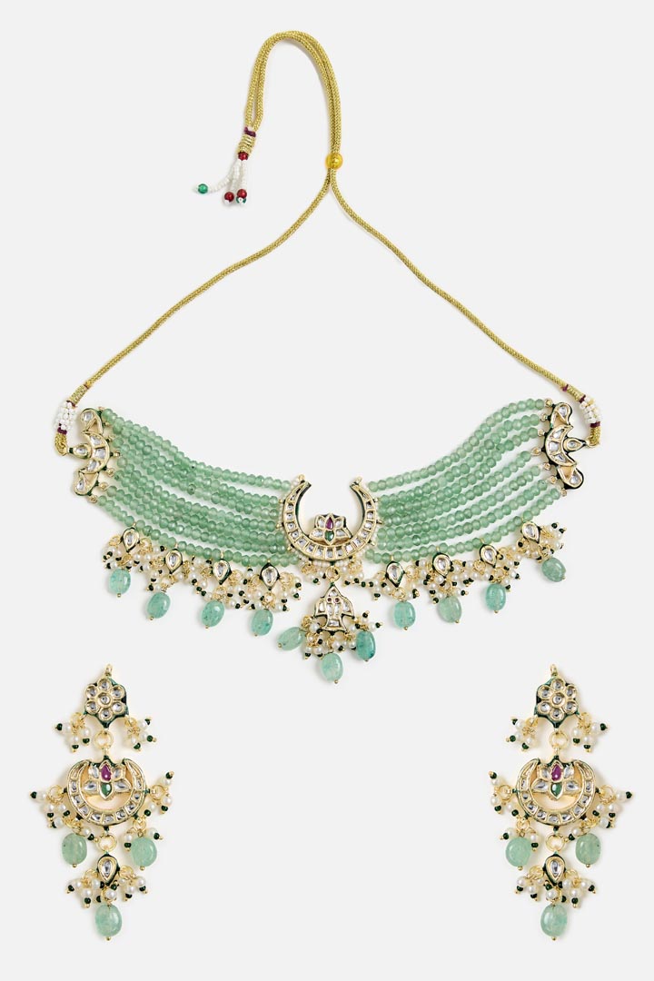 Green Beaded Kundan Choker Necklace Set