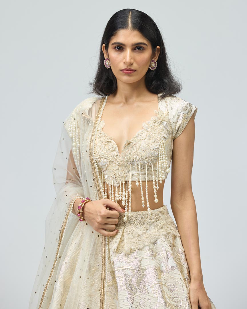 Pearl Embroidered Ivory Silk Brocade Lehenga Set for Weddings