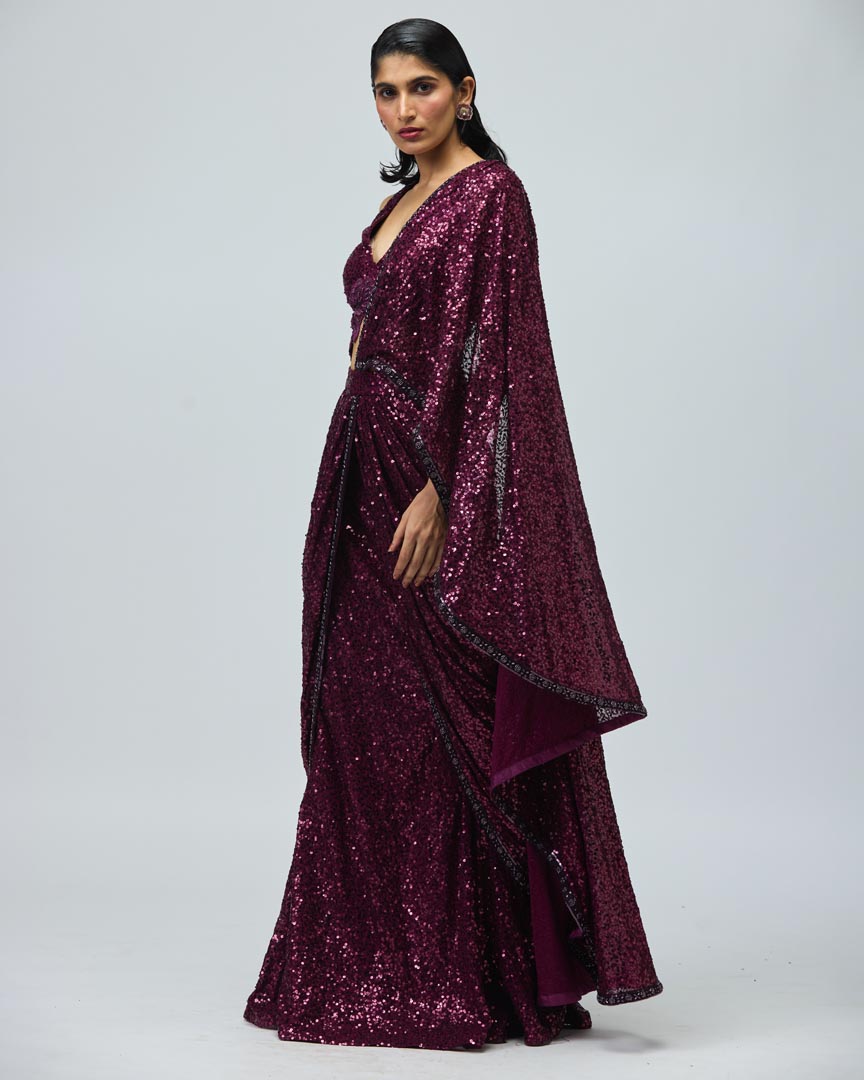 Dark Purple Sequin Drape Saree - Elegant Indo-Western Evening Set