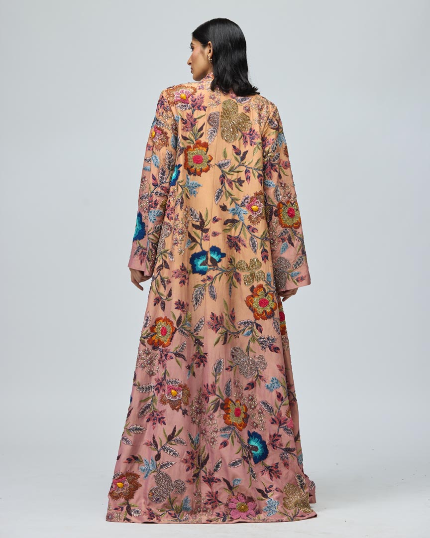 Multicolor Embroidered Peach Cape Set - Elegant Festive Indo-Western