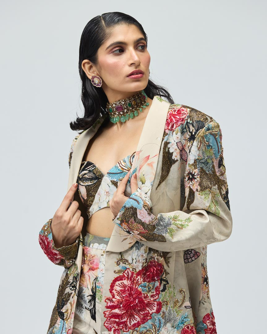 Ivory Printed Crepe Jacket Set with Bralette & Trousers
