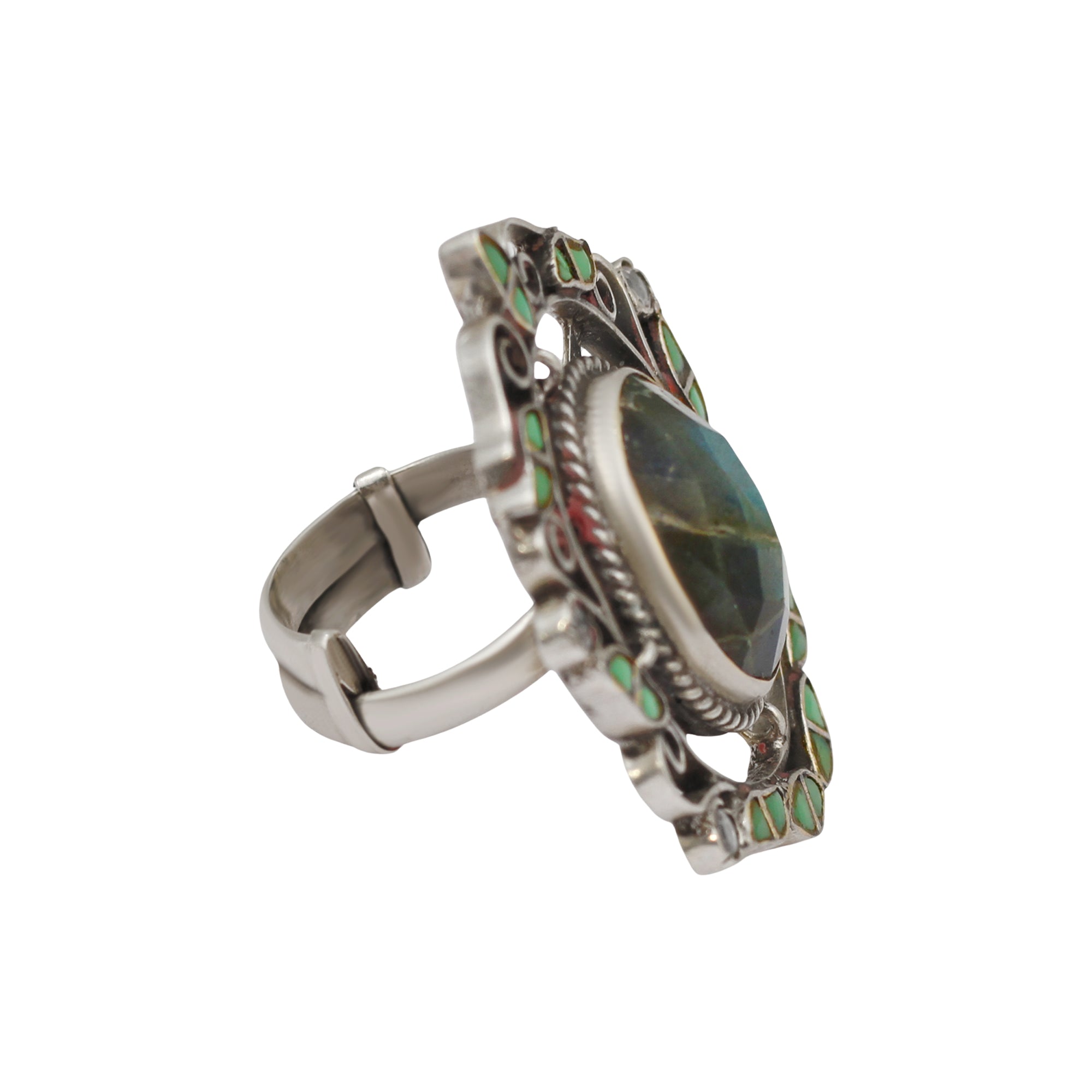 Sangeeta Boochra Mystic Labradorite & Green Stone Silver Ring