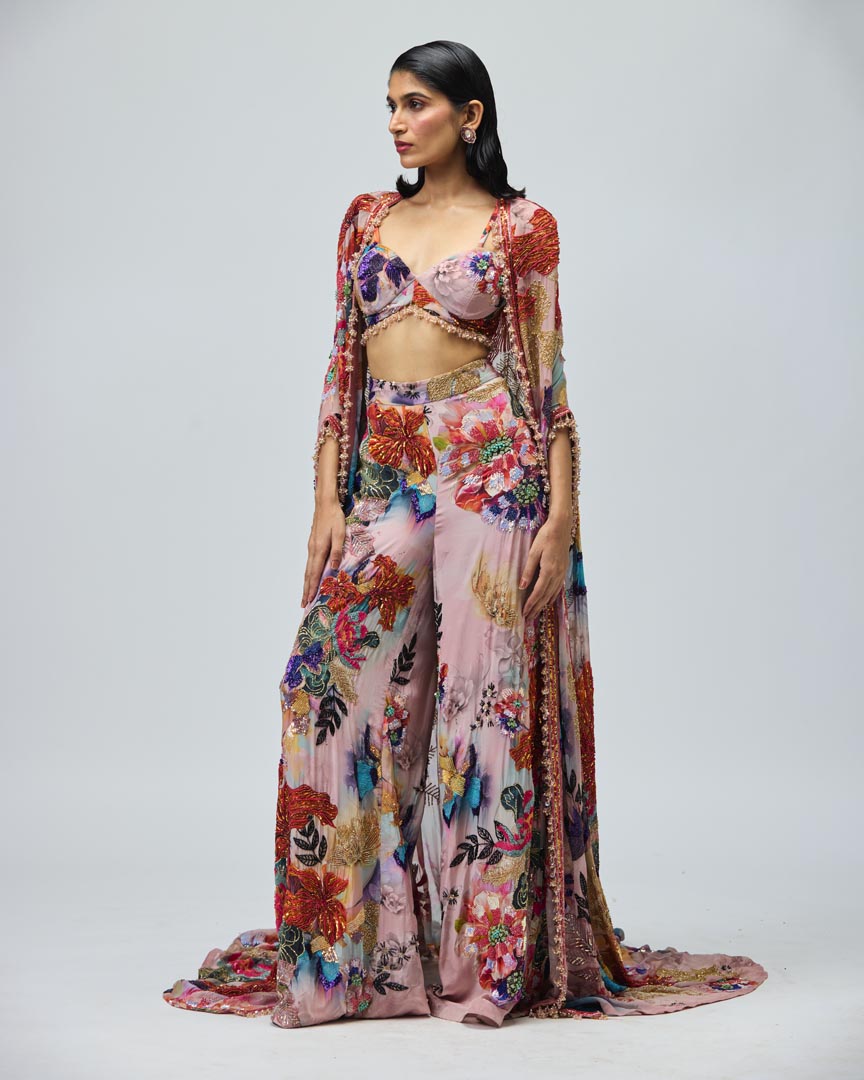 Pink Floral Printed Georgette Cape Sharara Set for Festive Wear