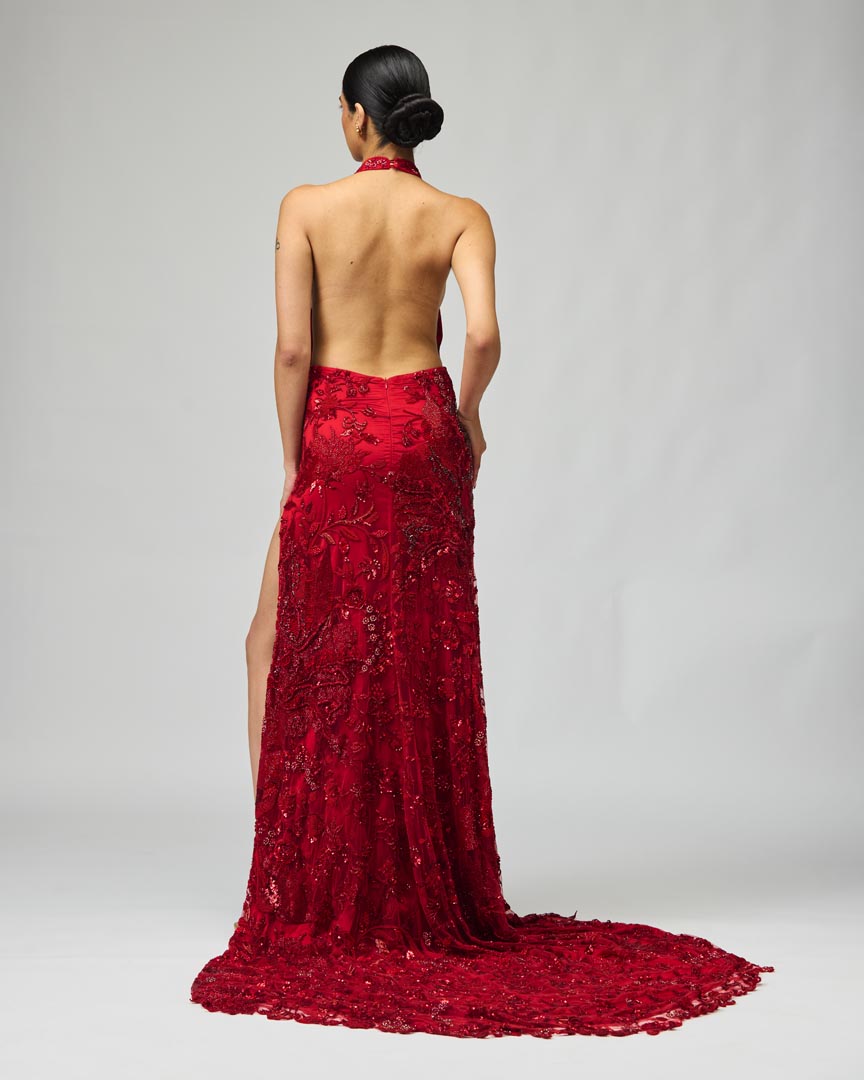 Red Embellished Gown - Designer Mono Net Festive Evening Wear