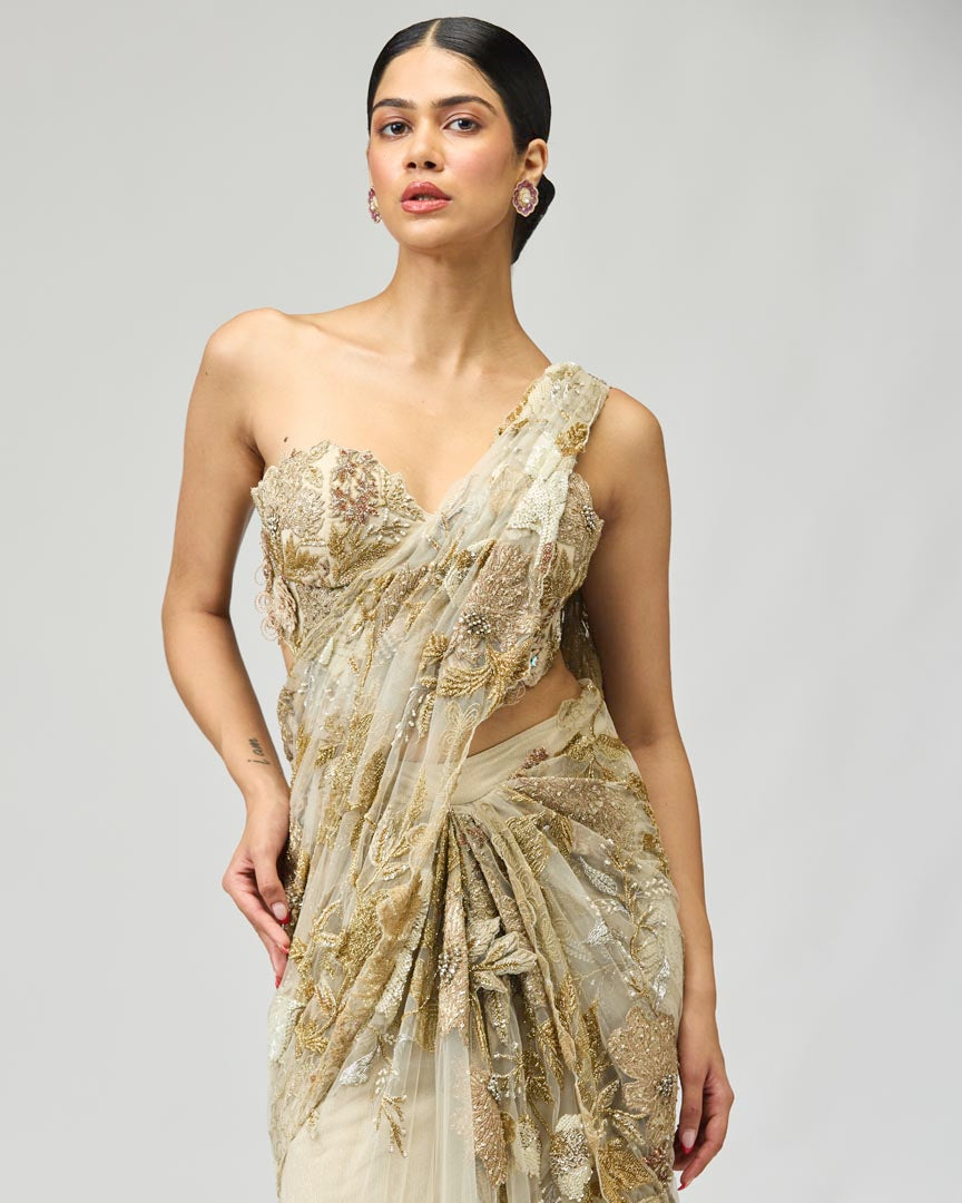 Ivory Gold Patch Saree Set in Structured Mono Net