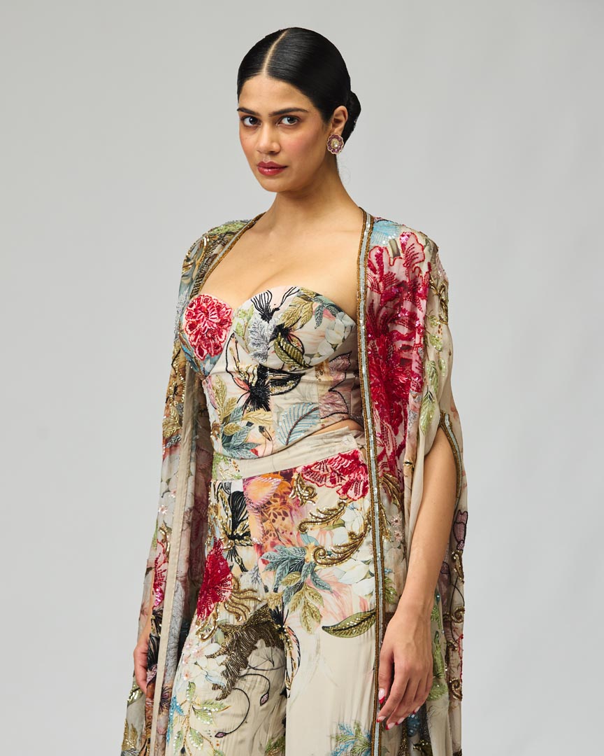 Ivory Embroidered Cape Set in Silk Crepe - Festive Tailored Ensemble