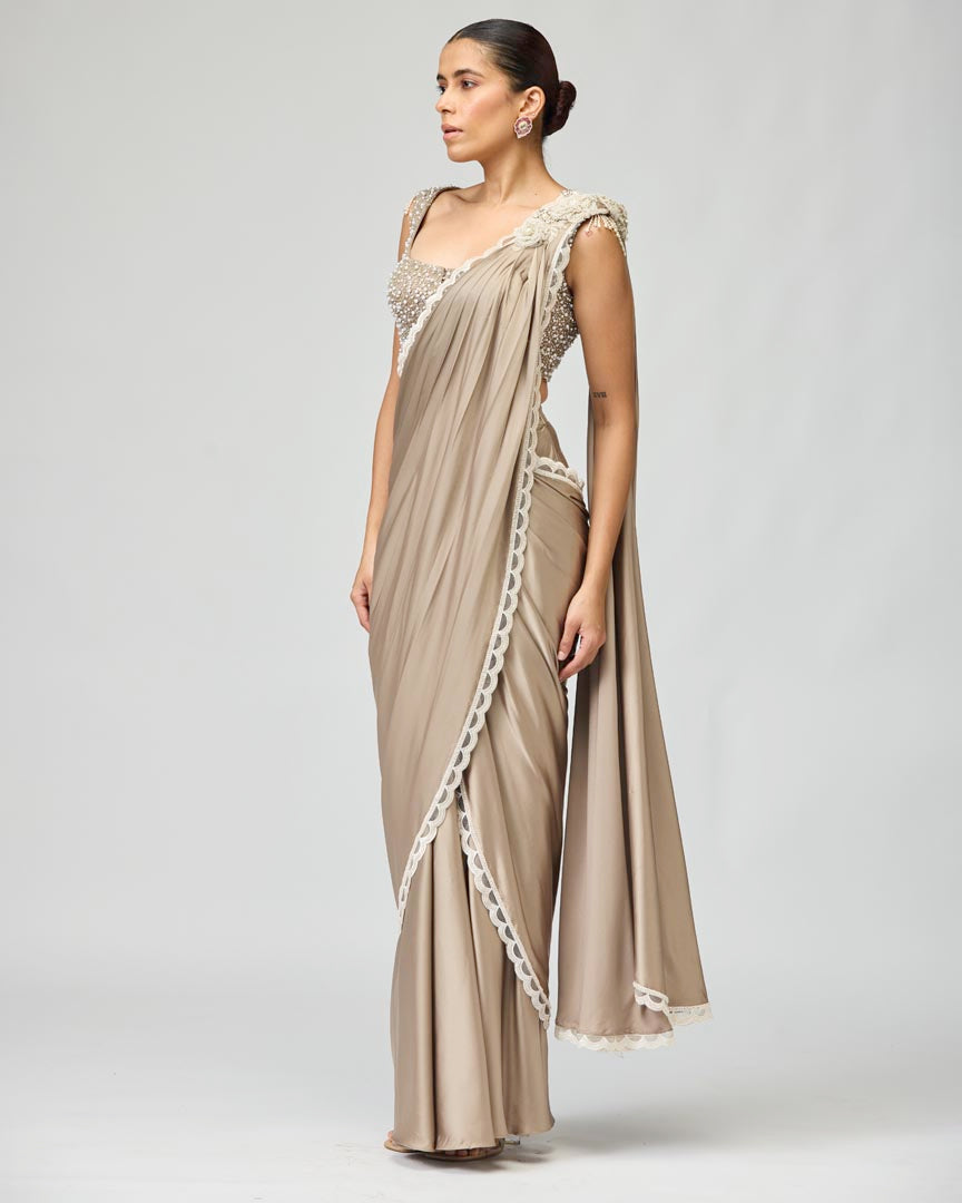 Elegant Grey Armani Satin Saree with Intricate Beadwork Embroidery