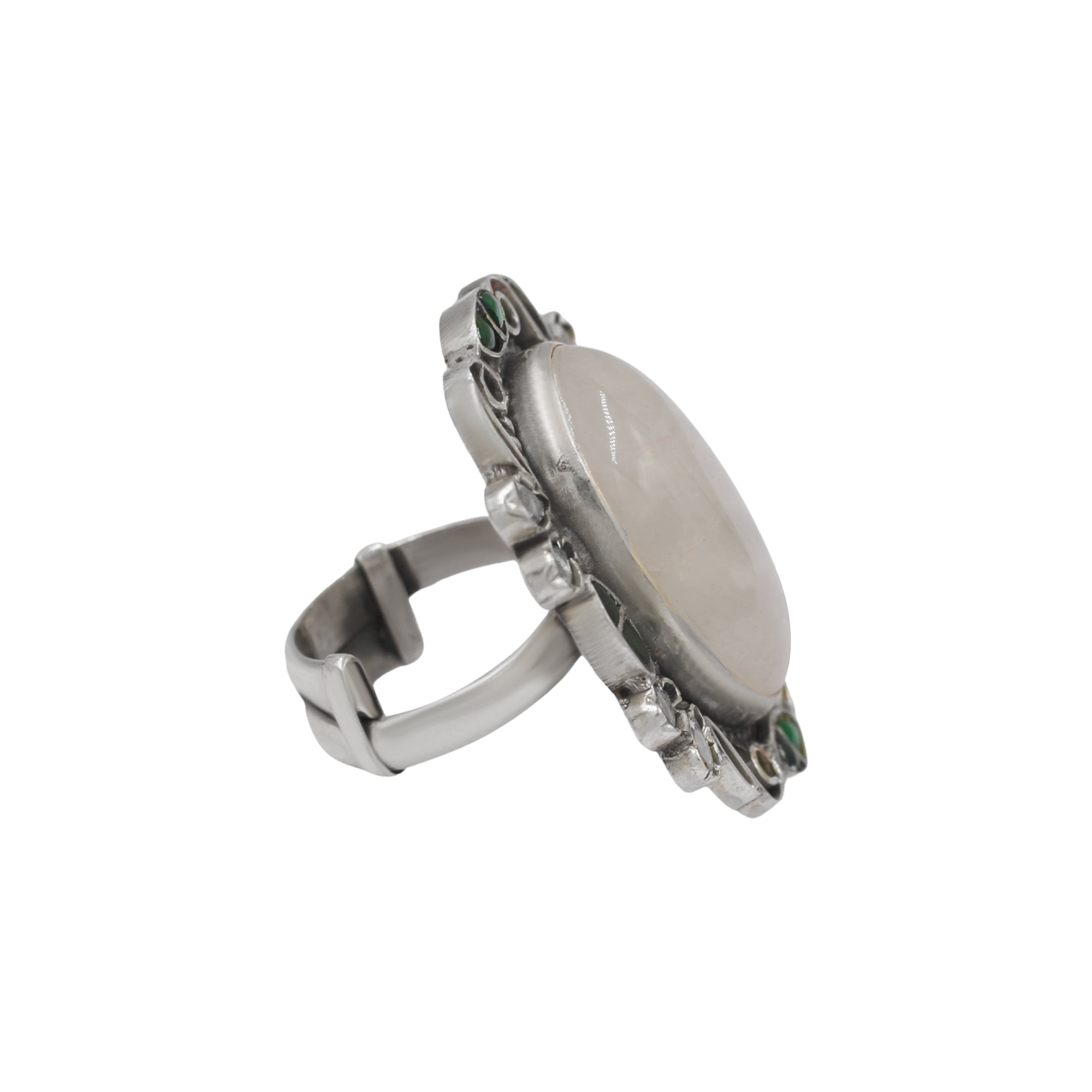 Sangeeta Boochra Handcrafted Oval Cabochon Silver Ring with Kundan Work